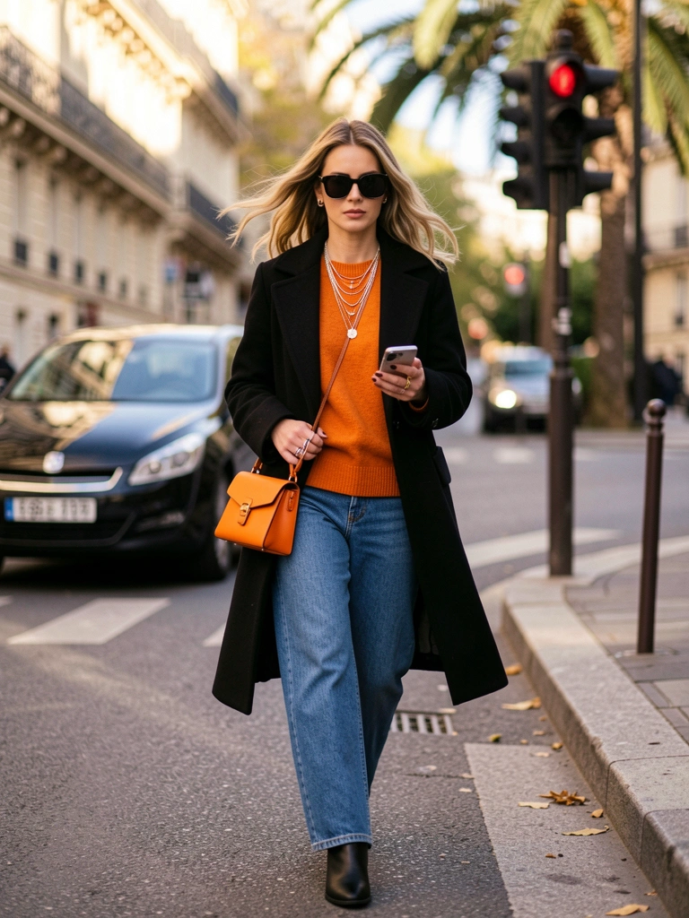 Mulher com casaco preto, suéter laranja e calça jeans azul larga, bolsa laranja e smartphone na mão, caminhando em rua parisiense com prédios desfocados ao fundo, luz natural.