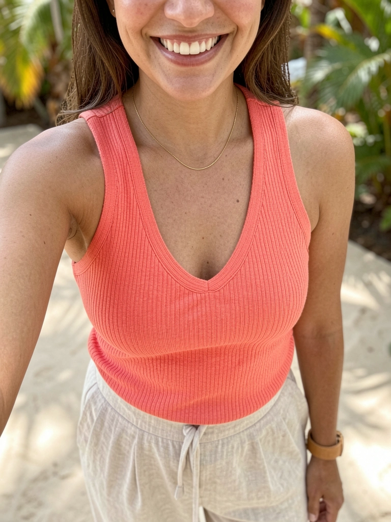 Close-up de mulher sorrindo com top coral canelado, calça linho bege e sandálias couro, luz natural difusa.