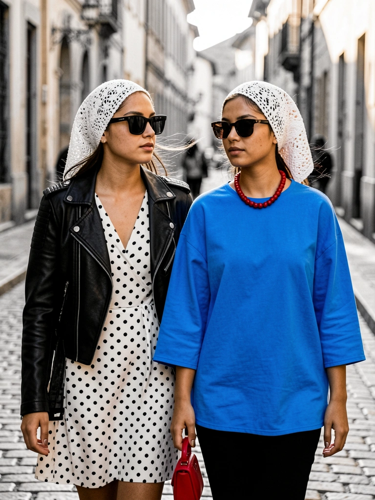 Duas mulheres jovens em rua de paralelepípedos: uma de jaqueta de couro preta e vestido de bolinhas, outra de blusa azul vibrante e colar vermelho, luz natural