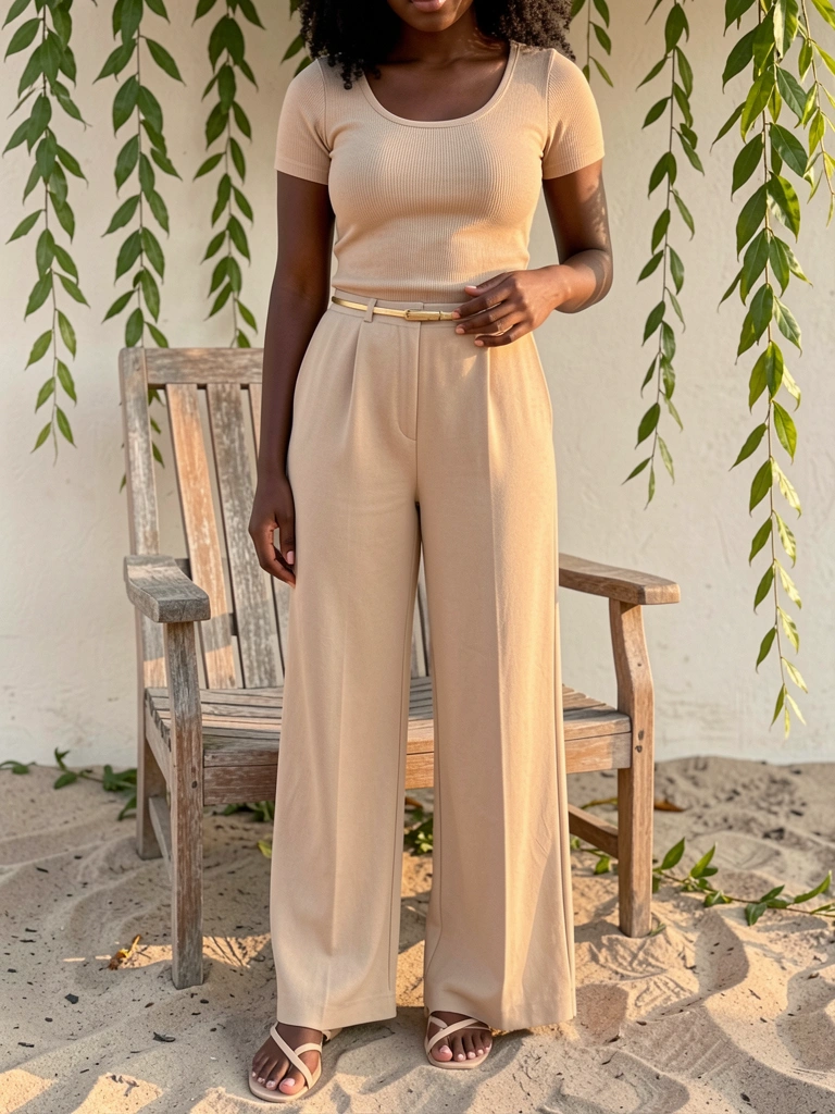 Mulher negra de top e calça bege, cinto dourado fino, ao lado de poltrona de madeira com folhas verdes, luz natural e areia no chão.