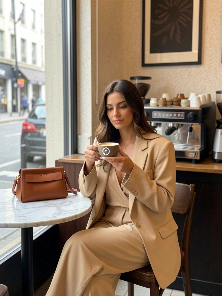 Mulher com blazer bege oversized segura xícara de café em mesa de mármore, máquina de espresso escura ao fundo, bolsa de couro marrom sobre a mesa, luz natural e parede com papel texturizado.