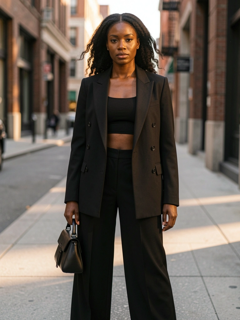 Mulher negra de blazer preto duplo, cropped e calça wide-leg, segurando bolsa de couro, luz natural de rua