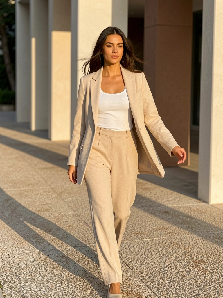 Mulher de blazer bege texturizado e calça de cintura alta caminha em calçada clara com colunas modernas ao fundo, luz dourada do entardecer projeta sombras longas.