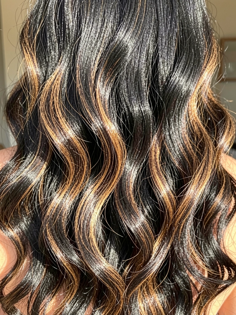 Cabelo preto ondulado com mechas caramelo e mel despencando sobre os ombros, luz natural realçando textura e balayage.