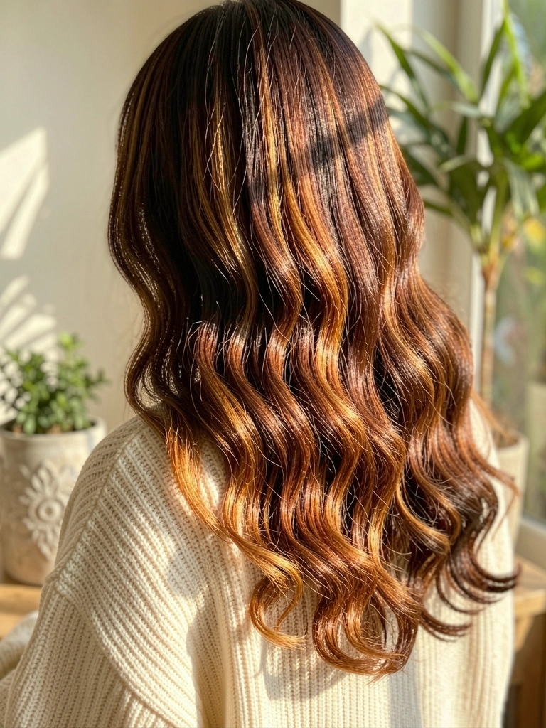 Mulher de cabelos castanhos com mechas carameladas e onduladas, suéter de lã creme, vaso cerâmico claro com planta ao fundo desfocado, luz natural de janela.