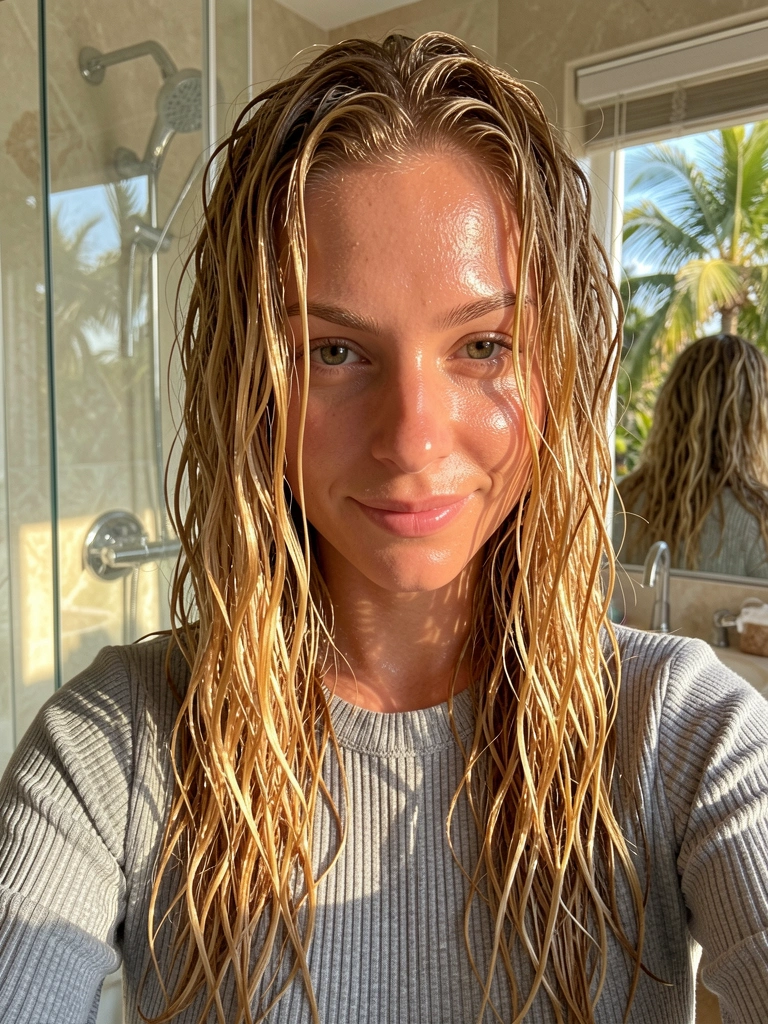 Cabelo ondulado castanho claro e loiro dourado molhado, textura brilhante, mulher com sorriso sutil em close-up, pele orvalhada, blusa de tricô cinza, box de vidro refletindo ao fundo, luz natural quente.