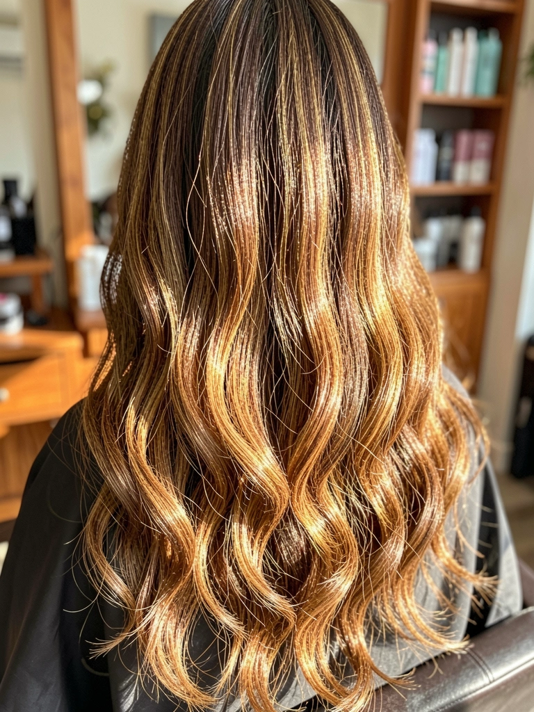 Cabelo longo ondulado com mechas carameladas e douradas, luz natural destacando textura e movimento, fundo de salão desfocado com estantes de madeira.