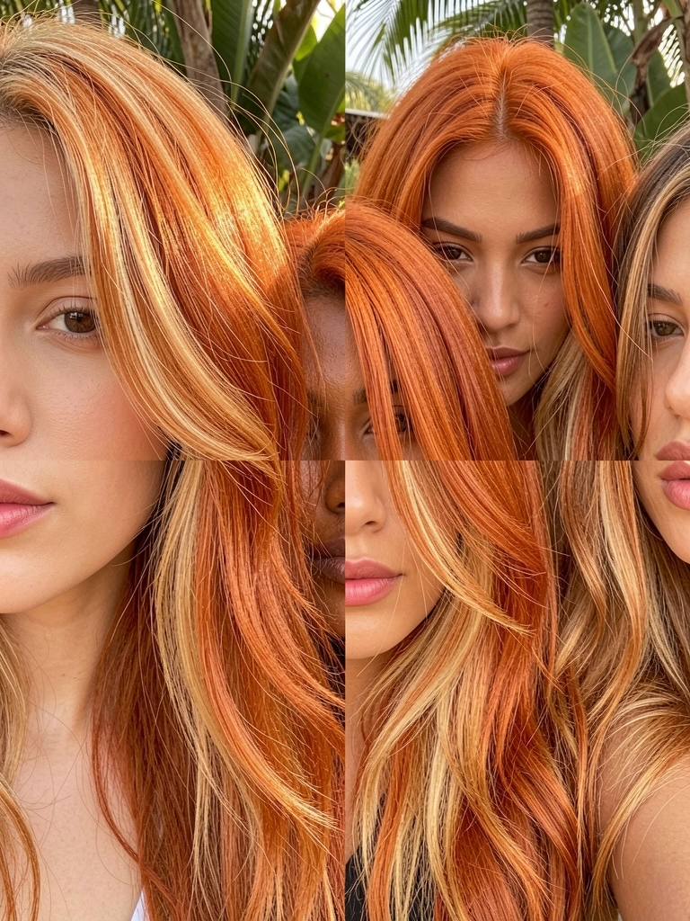 Mulheres com cabelos laranja-avermelhados, mechas carameladas e balayage, luz natural difusa e folhagens tropicais ao fundo.