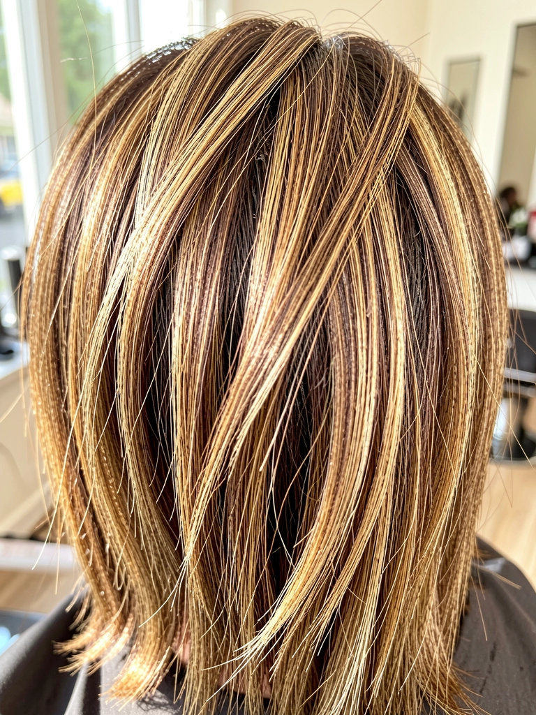 Foco macro em cabelo volumoso com mechas balayage marrom e dourado, fios iluminados pela luz natural, fundo desfocado de salão claro.