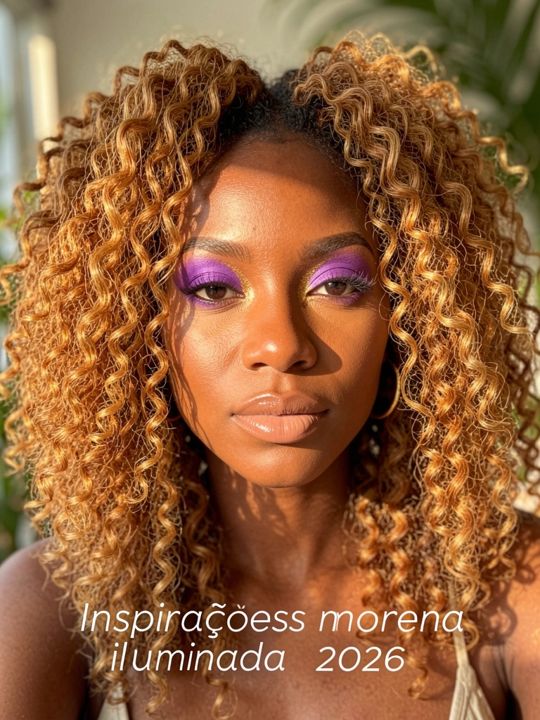 Pele negra iluminada, cabelo crespo volumoso em tons caramelos, sombra roxa vibrante com glitter dourado e brincos de argola.