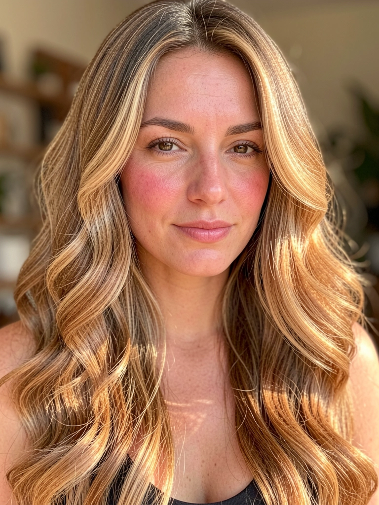 Mulher com cabelos ondulados loiro-mel em ondas soltas, balayage com tons caramelo, luz natural, fundo desfocado.