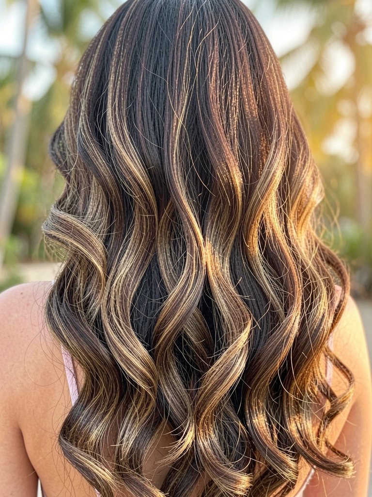 Cabelo castanho escuro com mechas douradas, ondas definidas e luz natural suave destacando textura e movimento.
