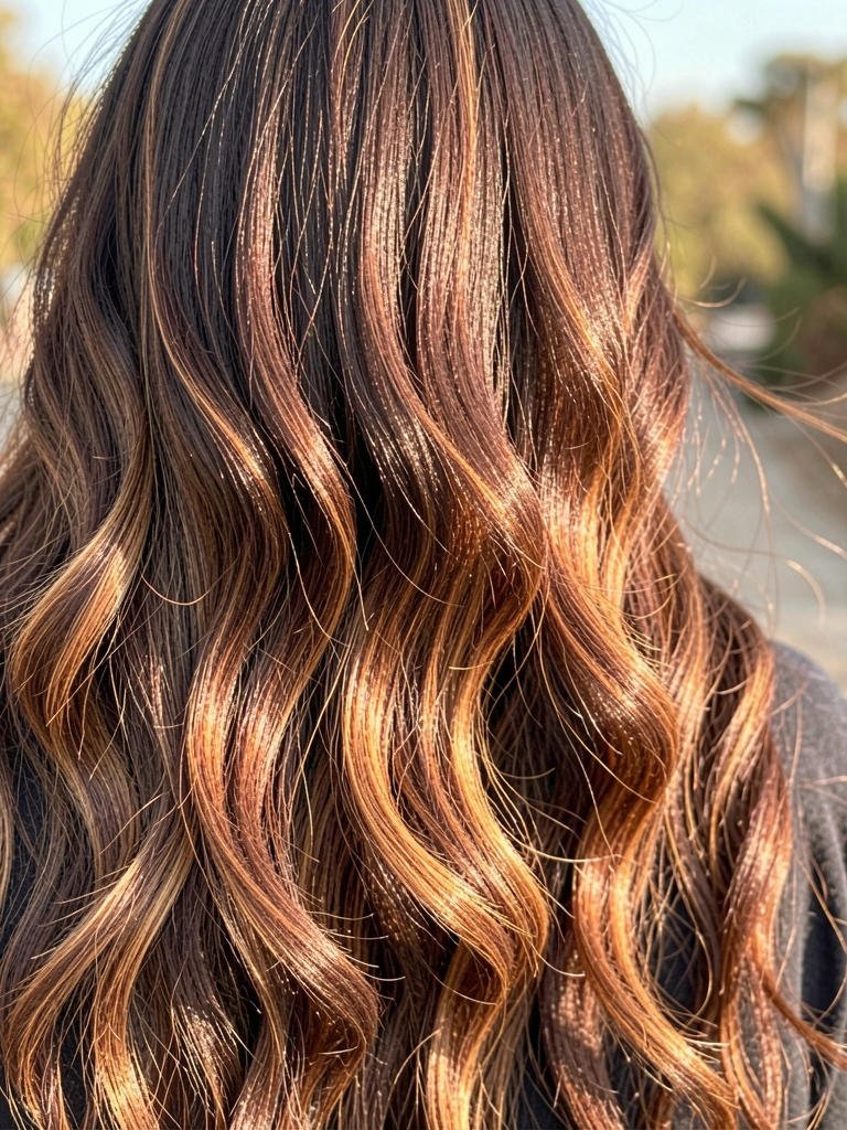 Cabelos castanhos escuros com mechas caramelo e técnica balayage iluminados por luz solar difusa, fios definidos e movimento suave.