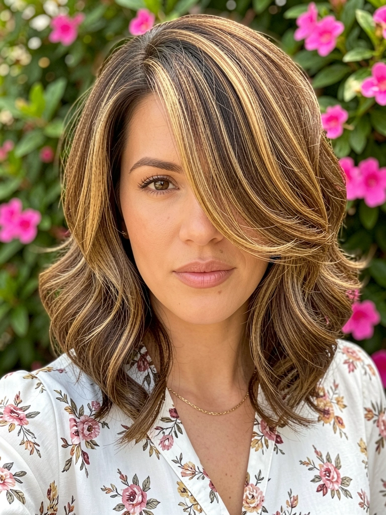Mulher com cabelo caramelizado ondulado, blusa floral branca e colar dourado, folhagem verde e flores rosa ao fundo, luz difusa.