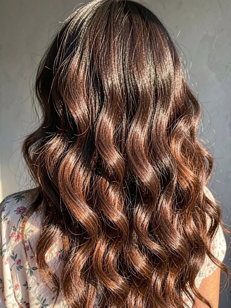 Cabelo castanho escuro cacheado e volumoso caindo sobre ombros, luz natural destacando fios e mechas, fundo cinza neutro e camisa floral parcialmente visível.