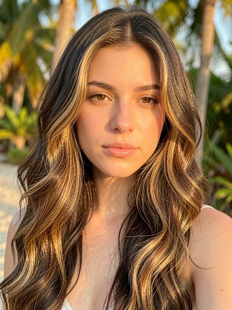 Jovem de cabelos castanhos ondulados com mechas douradas, luz natural do entardecer, fundo desfocado e vegetação ao longe.
