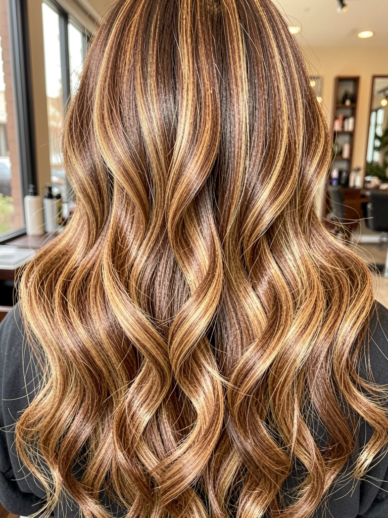 Cachos soltos com mechas caramelo e loiro dourado, luz natural difusa realça brilho e textura, fundo levemente desfocado.