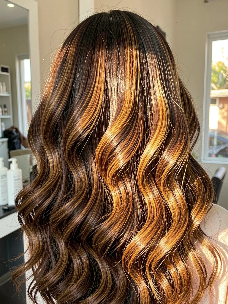 Cabelo castanho escuro com mechas caramelo e douradas em ondas soltas, luz natural refletindo em superfície espelhada e frascos brancos ao fundo.