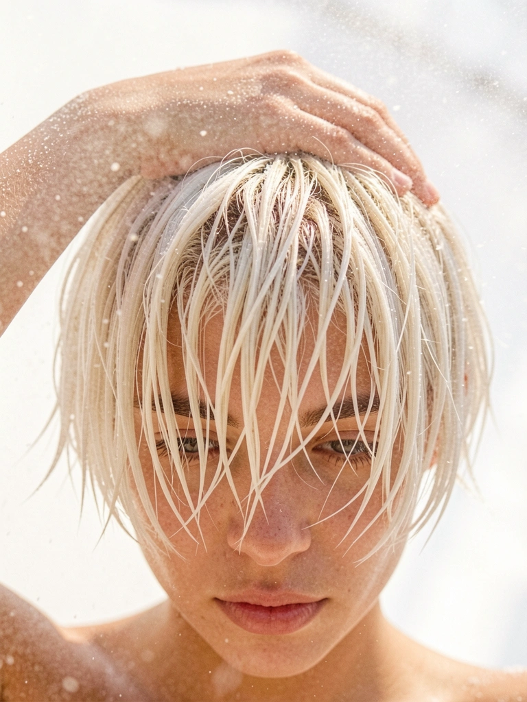 Mão tocando cabelo platinado curto e texturizado com gotículas de água, luz natural suave e fundo branco limpo.