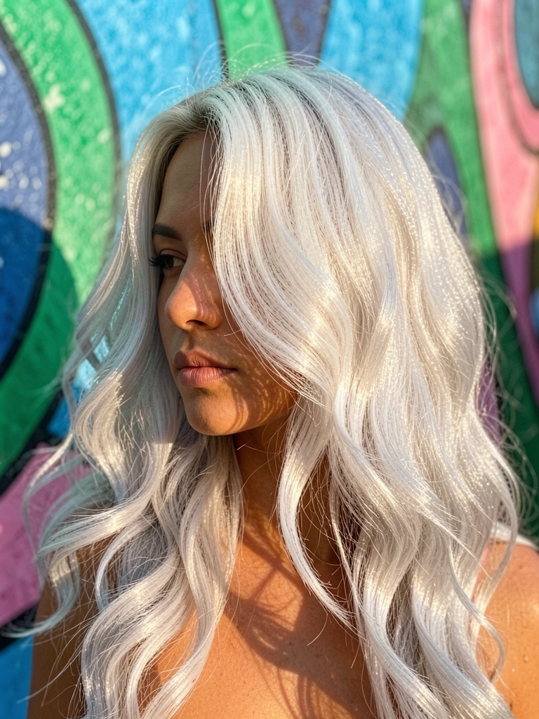 Mulher de cabelo platinado em ondas volumosas, fundo com mural abstrato azul, verde e rosa, luz natural destacando a textura dos fios.