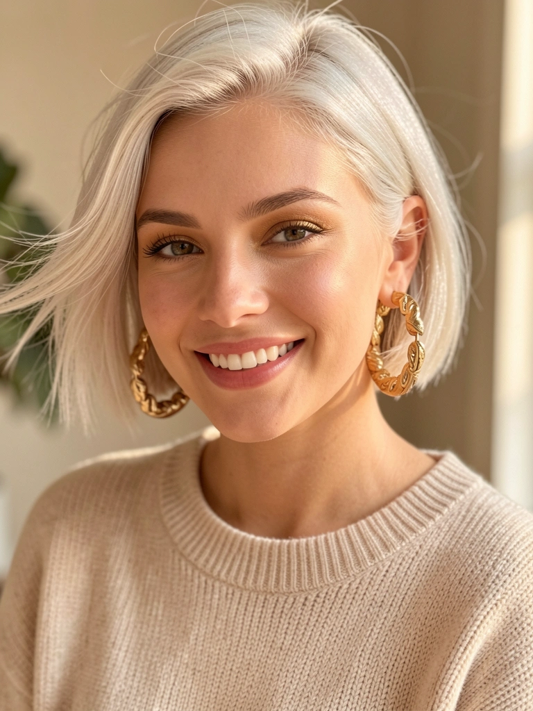 Jovem de cabelo platinado curto, suéter bege oversized e brincos de argola dourados grandes sob luz natural difusa.