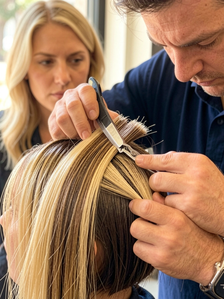 Barbeiro de camisa azul escura corta cabelo loiro e castanho com navalha, luz natural suave, observadora atenta ao fundo.