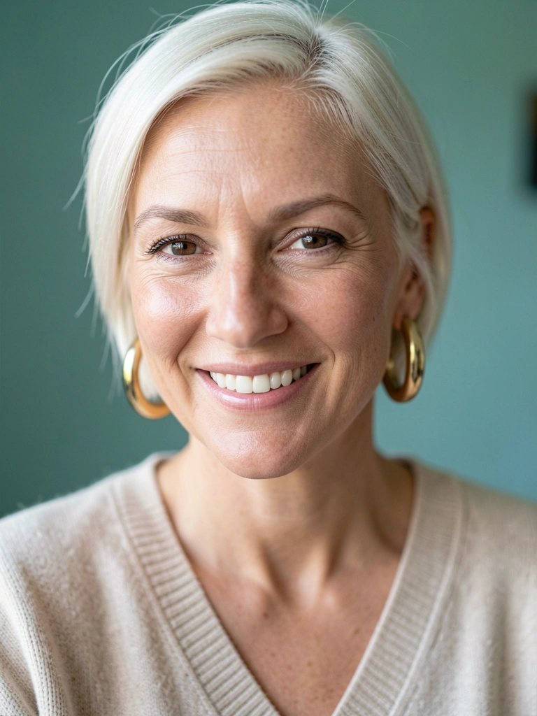 Mulher de cabelo platinado curto, suéter bege decote V e brincos grandes dourados, sorrindo com luz natural suave e fundo verde-azulado desfocado.