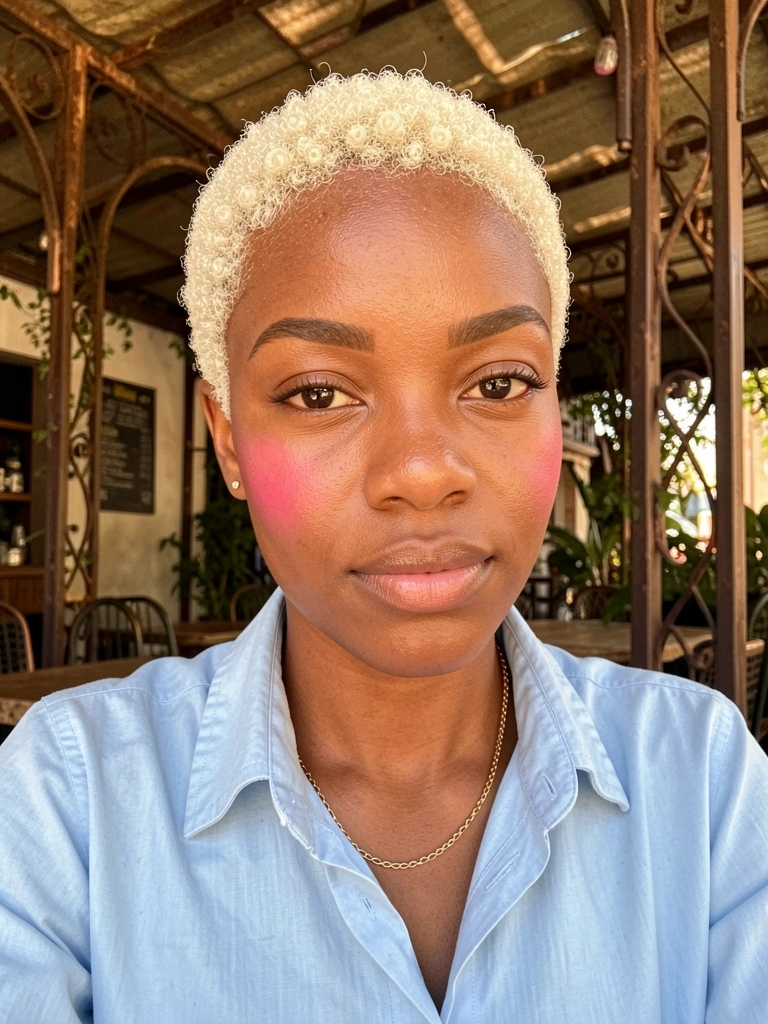 Jovem negra de cabelo platinado curto, camisa azul-clara e colar de ouro, em café ao ar livre com luz difusa e estrutura rústica de ferro.