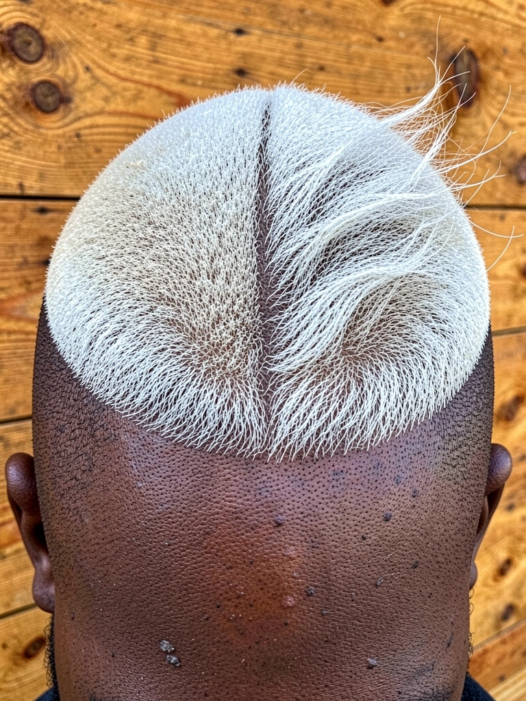 Close-up de homem negro com cabelo platinado texturizado e divisão central nítida, fundo de parede rústica de madeira com luz natural suave.