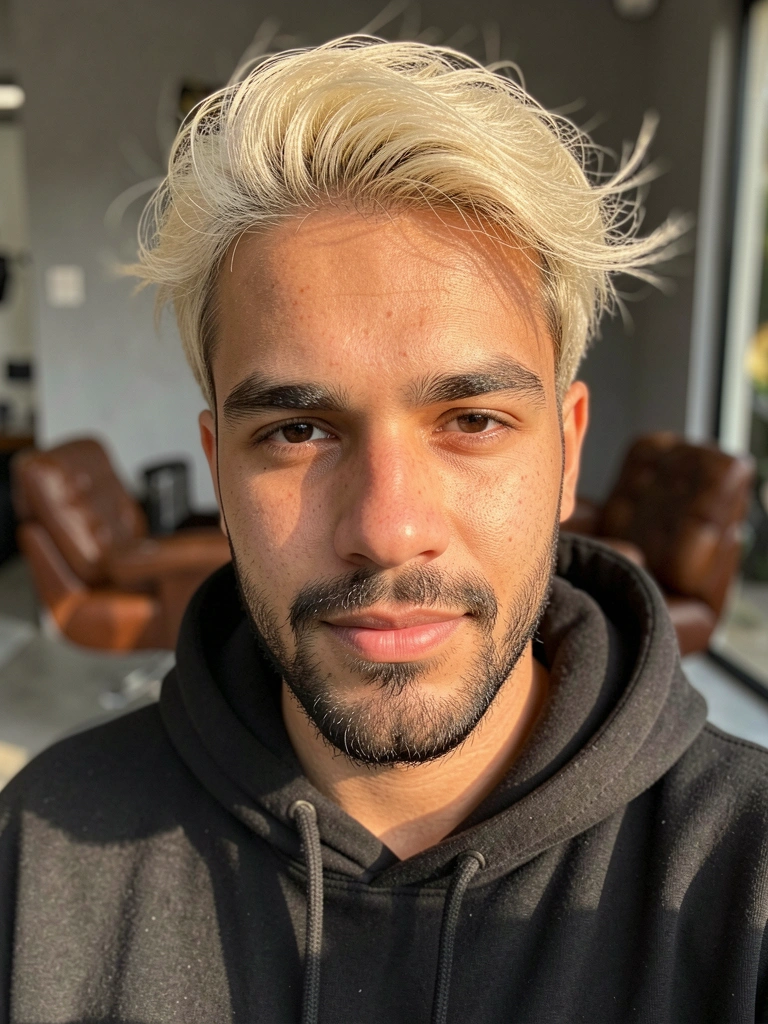 Jovem de cabelo platinado e barba escura com moletom preto, olhando para a câmera com sorriso leve, fundo desfocado de salão com cadeira de couro e luz natural.