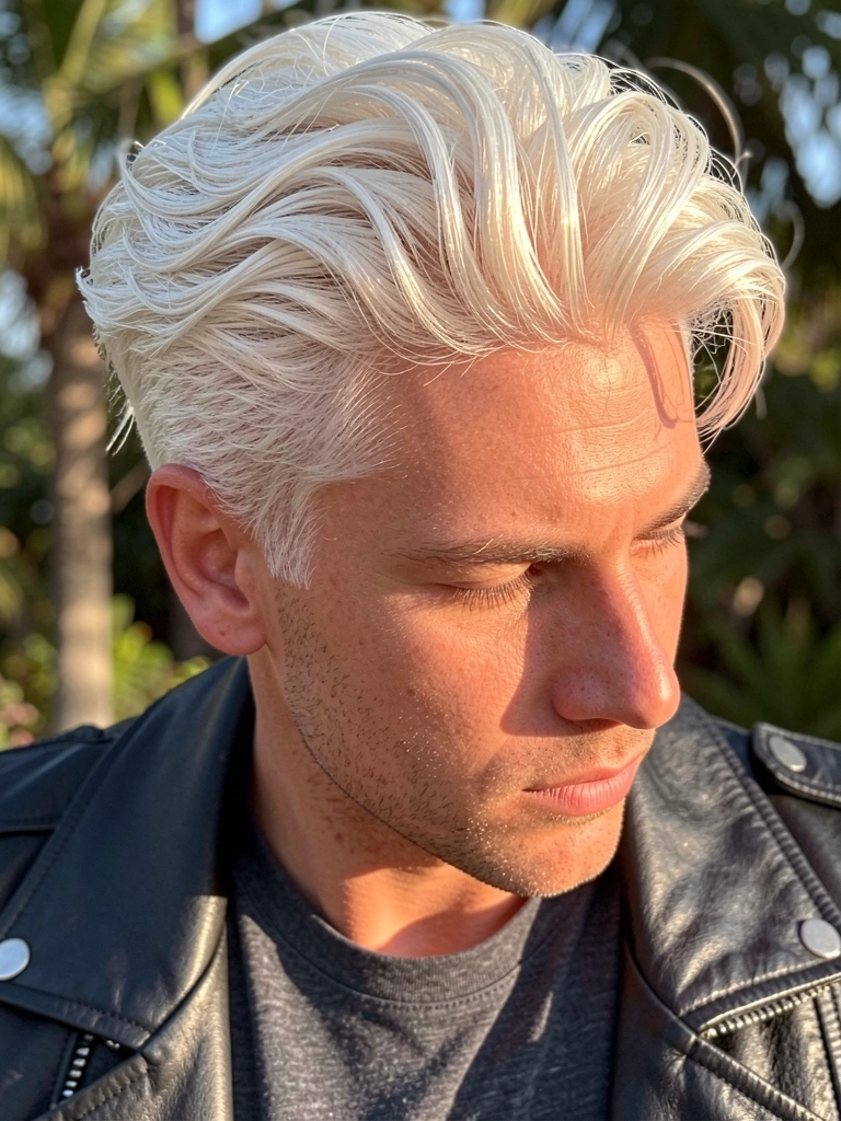 Homem de cabelo platinado com textura e reflexos, jaqueta de couro preta e camiseta cinza escuro, luz natural e fundo desfocado com folhagens.