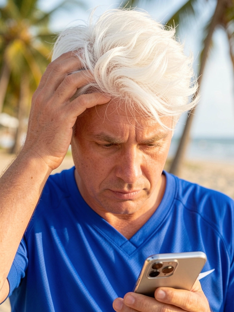 Homem de cabelo branco vibrante tocando a cabeça, com expressão pensativa, usando jersey azul e segurando iPhone, luz natural suave e fundo tropical desfocado.