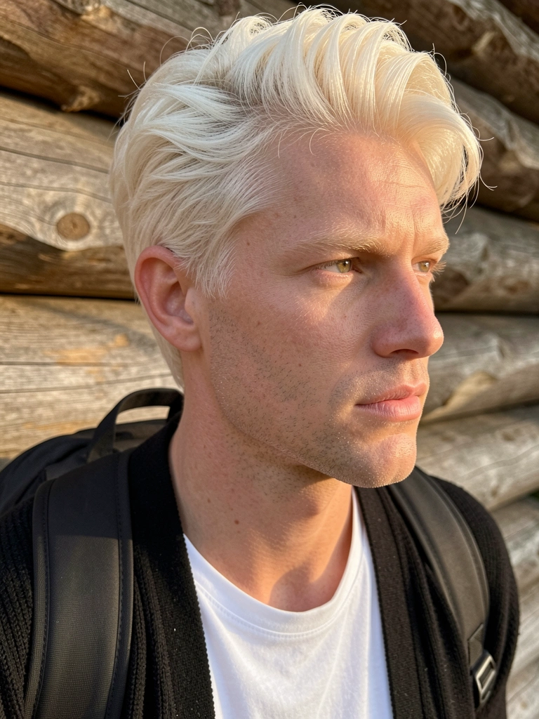 Homem de cabelo platinado usando cardigã preto, camisa branca e mochila preta, em close contra parede de toras de madeira, luz natural difusa destacando texturas dos fios e da pele.