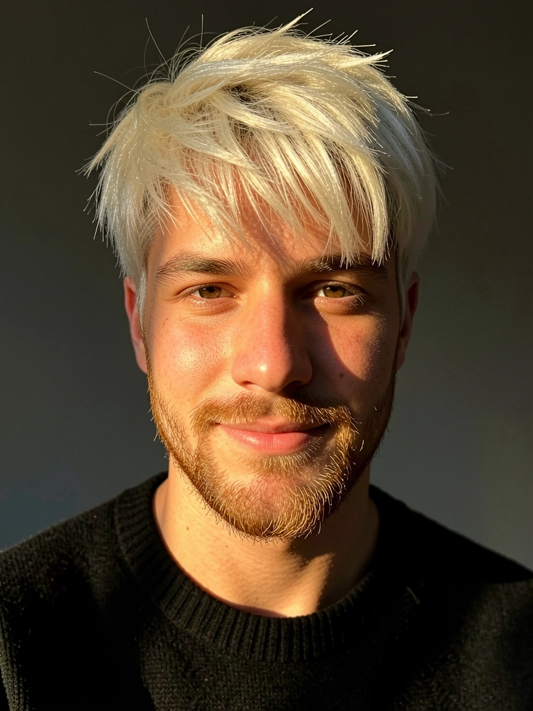 Jovem de cabelo platinado texturizado e barba clara, suéter preto, olhar direto sob luz quente com sombras suaves.