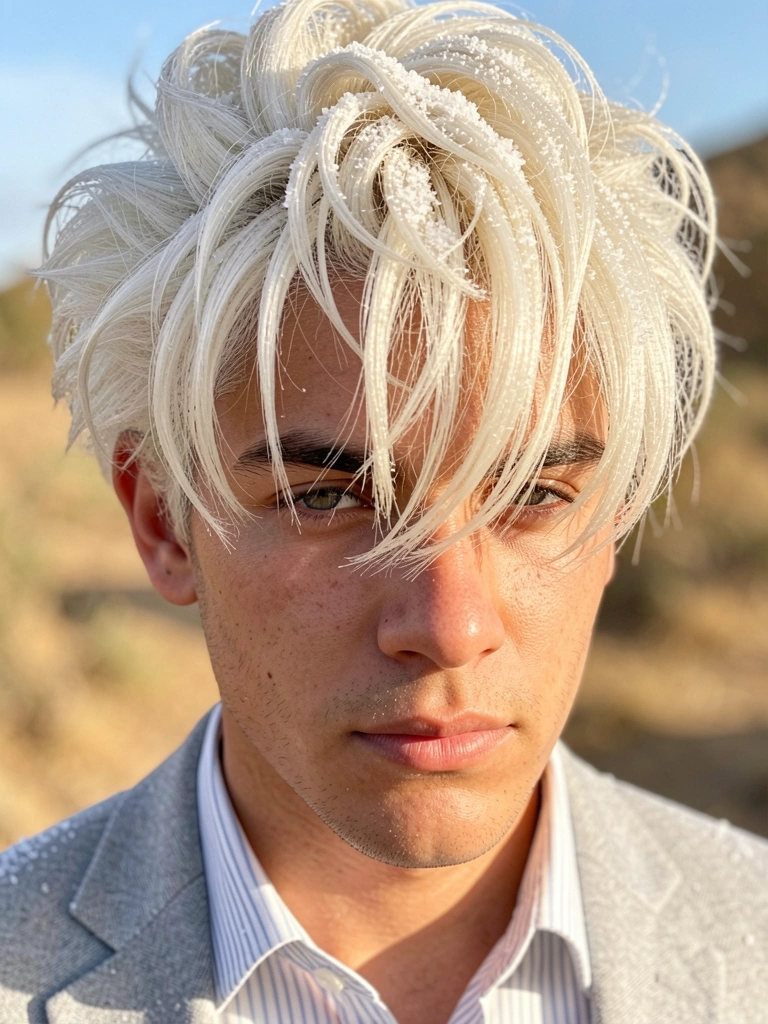 Jovem de cabelo platinado texturizado e arrepiado, paletó cinza claro e camisa listrada, luz solar suave ao fundo.