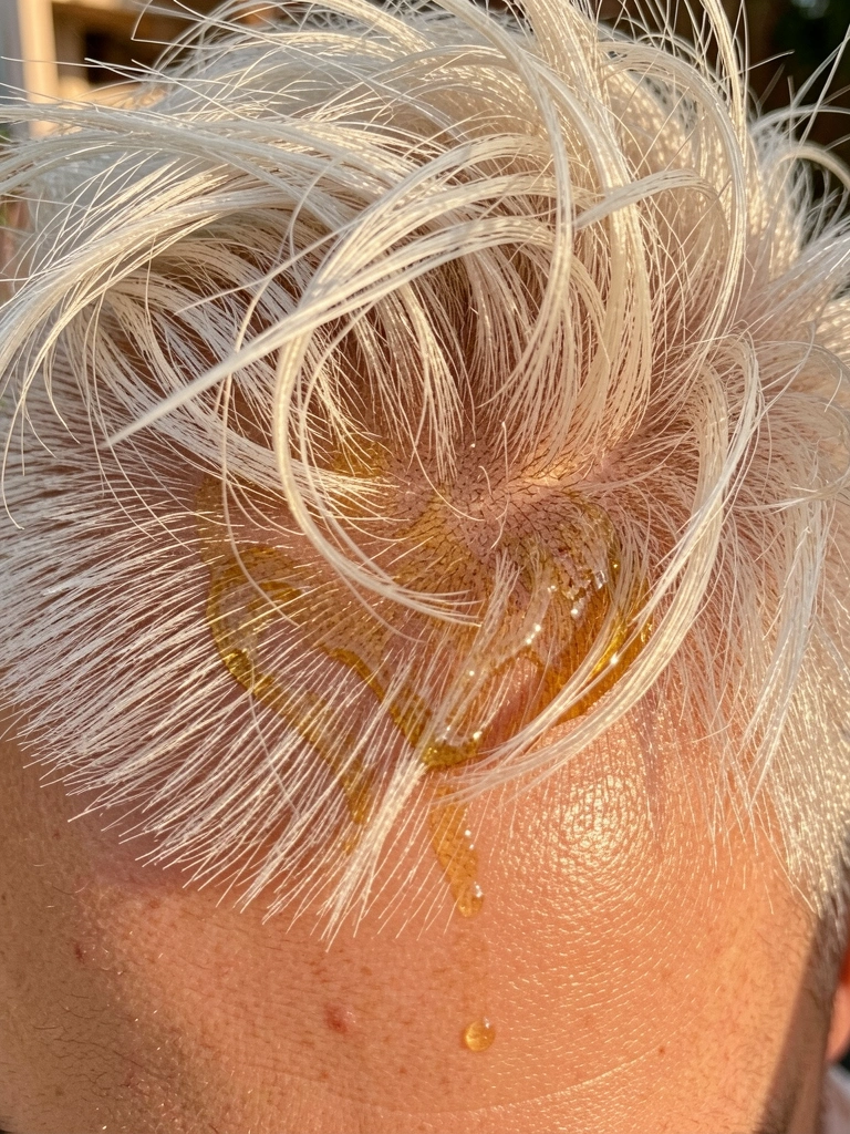Cabelo platinado curto e texturizado com óleo dourado no couro cabeludo, luz natural e leve movimento.