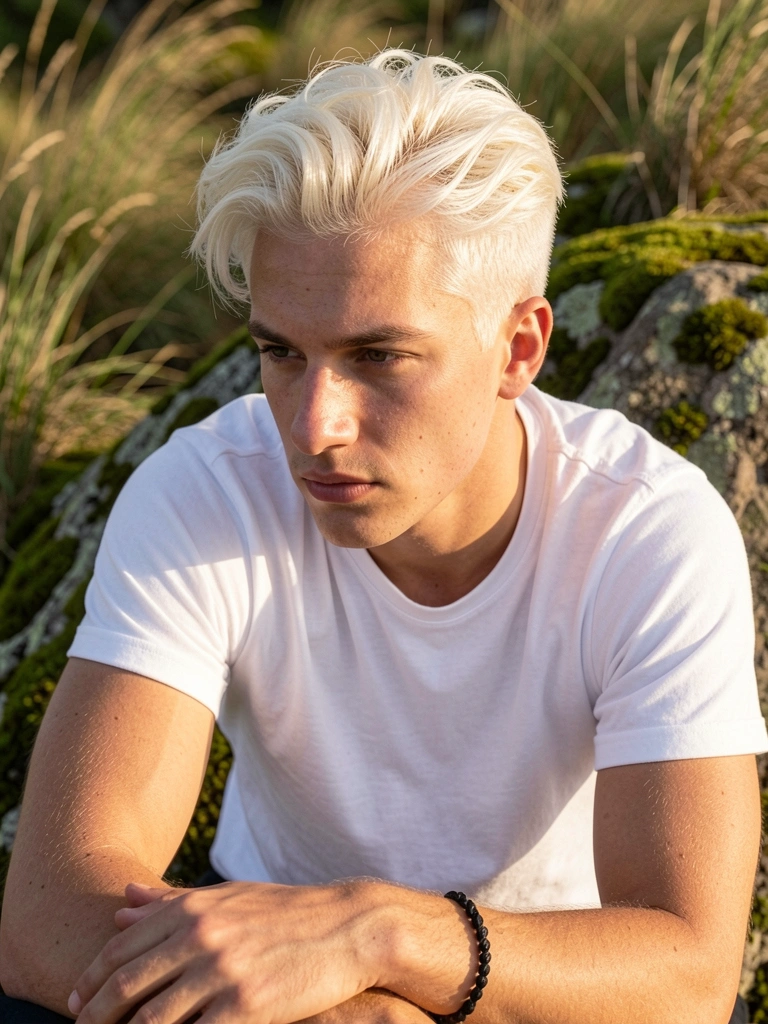 Jovem de cabelo platinado sentado em rocha coberta de musgo, camiseta branca e pulseira preta, luz do sol iluminando a cena, fundo com grama alta.