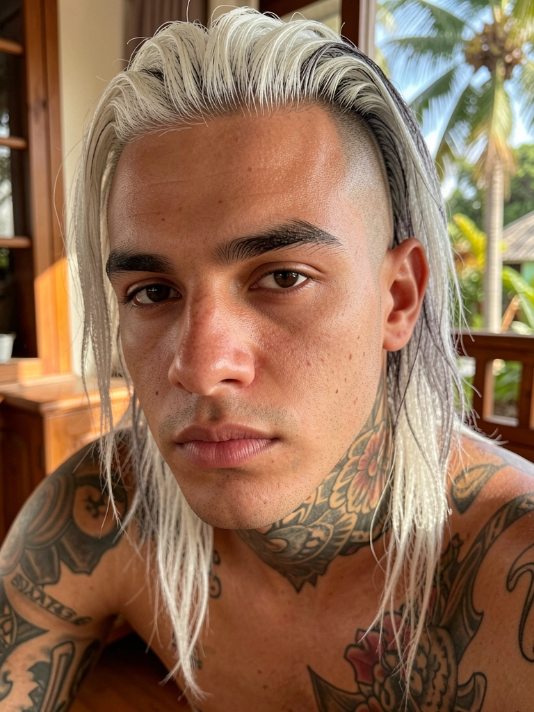 Jovem de cabelo branco e cinza com laterais raspadas, tatuagens no pescoço e braços, luz natural quente e fundo desfocado com móveis de madeira.