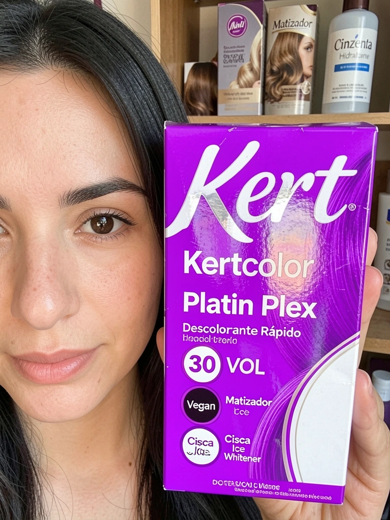 Caixa de descolorante Kert roxa na bancada, foco no logo e textura, mulher de cabelo escuro ao fundo, luz natural.