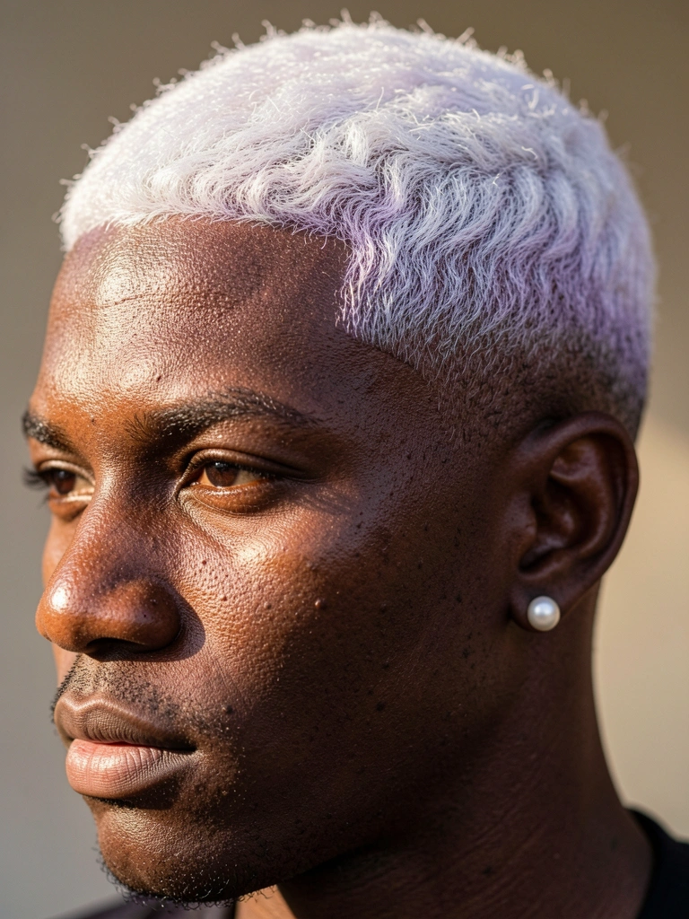 Close-up de homem negro com cabelo branco texturizado em undercut, brinco de pérola na orelha esquerda e luz natural destacando a textura do cabelo.