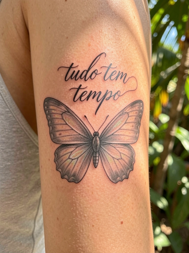 Close-up de tatuagem de borboleta em braço feminino, com traços realistas em preto e cinza, e a frase 
