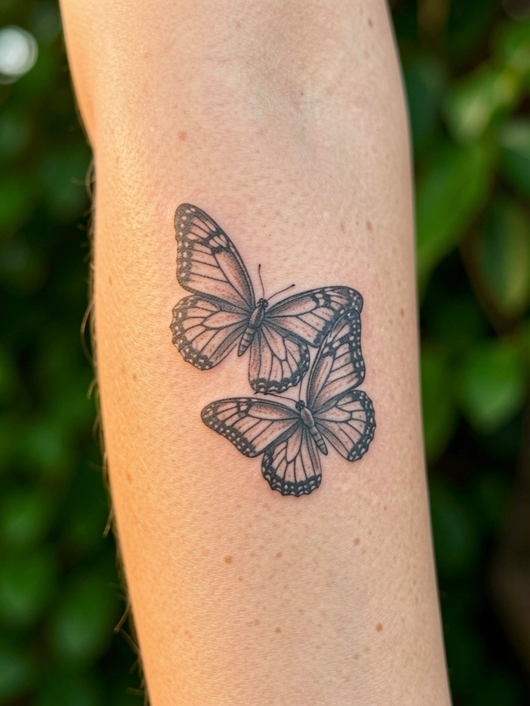 Braço feminino com tatuagens delicadas de borboletas pretas, asas detalhadas sobreposição sutil, luz difusa quente, fundo verde desfocado.
