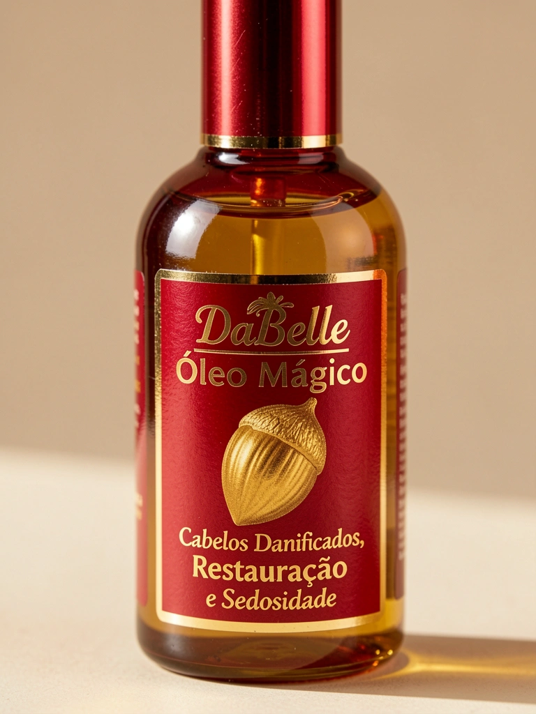 Frasco vermelho com detalhes dourados e óleo dourado brilhante, fundo bege desfocado, luz natural difusa.