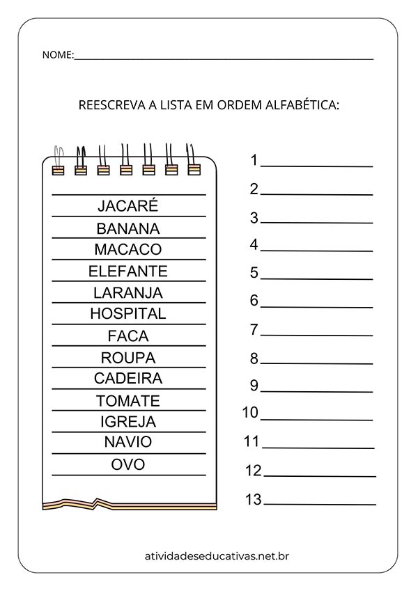 organizar palavras em ordem alfabética