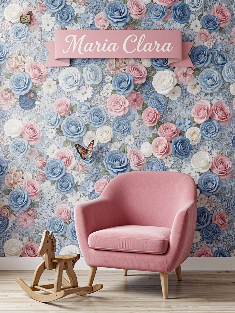 Papel de parede com rosas azuis, rosas e brancas; poltrona rosa; cavalinho de madeira no chão; borboleta próxima às flores; faixa 
