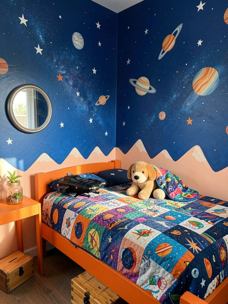 Cama com colcha colorida de estrelas, parede azul escura com mural espacial e pêssego, luz suave de janela.