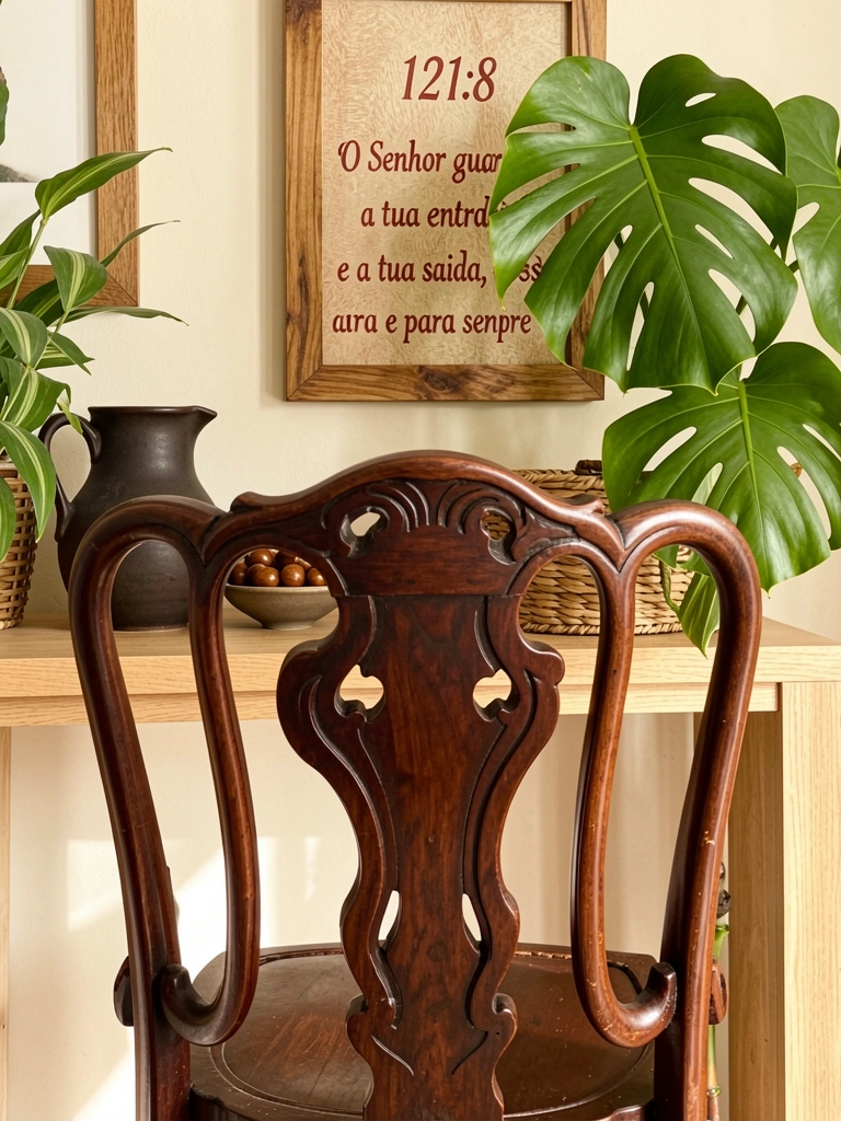 Cadeira de madeira escura com pernas curvas em frente a console claro, vaso de cerâmica e moldura com inscrição bíblica, folha de Monstera à direita, luz natural.