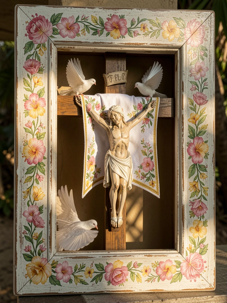 Cruz de madeira com pano branco, flores em rosa, amarelo e verde, e pombas brancas em moldura rústica pintada, iluminada por luz natural.