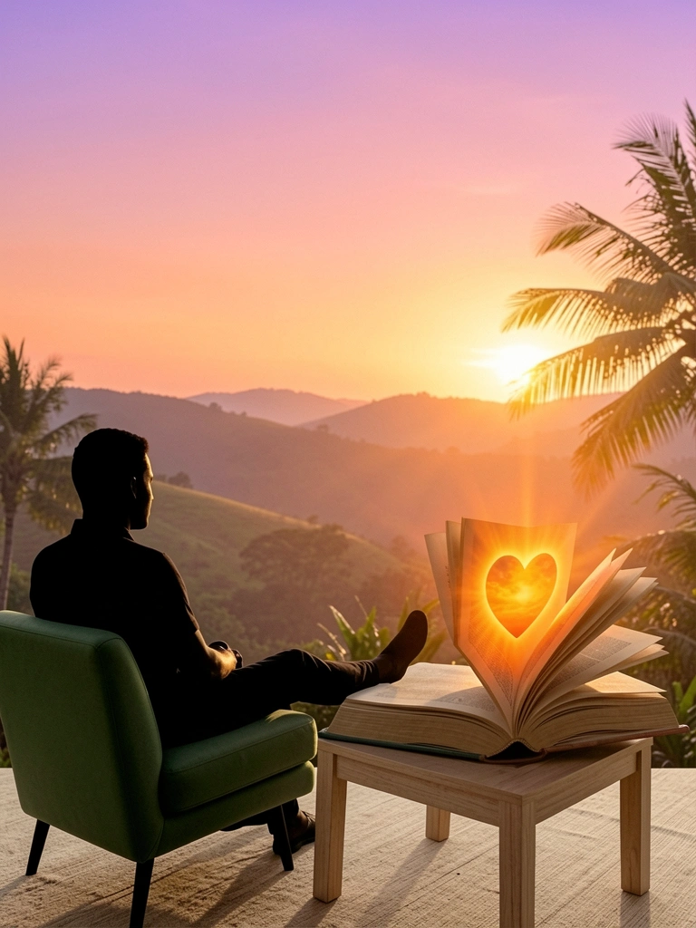Figura sentada em poltrona verde, pernas esticadas, livro aberto sobre mesa clara revela coração solar, paisagem com pôr do sol laranja e roxo.