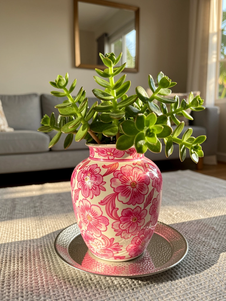 Vaso cerâmico com estampa floral rosa e branca, suculenta verde, bandeja prateada refletindo luz, sofá cinza desfocado ao fundo.